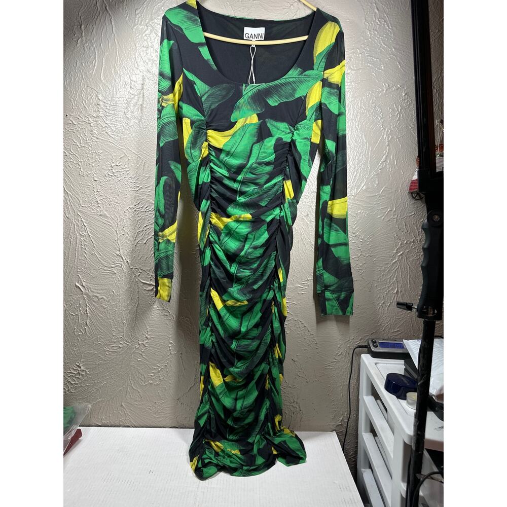 GANNI Ruched Tropical Print Green Black Yellow Stretch-Mesh Midi Dress Size‎ 6